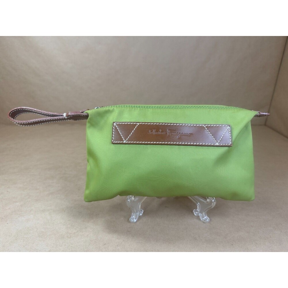 Salvatore Ferragamo Authentic Lime Green Nylon Leather Trim Cosmetic Pouch Bag